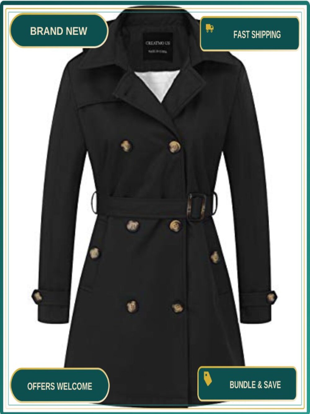 Waterproof Double-Breasted Trench Coat Belted Slim Fit Detachable Hood